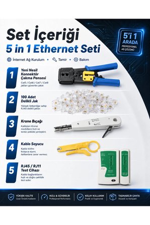 5 in 1 Ethernet Seti Yeni Nesil Cat5 Cat6 Cat7 Cat8 Kablo Konnektör Çakma Pensesi 100 Adet Delikli Jak RJ45 RJ11 Kablo Test Cihazı Krone Bıçağı Soyucu İnternet Ağ Kurulum Tamir Bakım Set Takımı