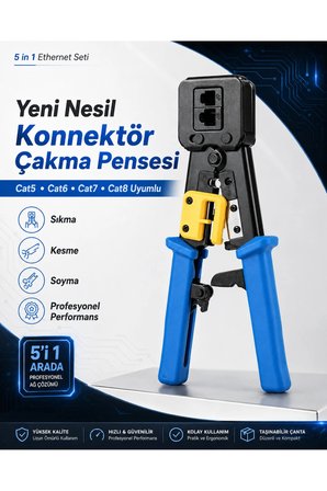 5 in 1 Ethernet Seti Yeni Nesil Cat5 Cat6 Cat7 Cat8 Kablo Konnektör Çakma Pensesi 100 Adet Delikli Jak RJ45 RJ11 Kablo Test Cihazı Krone Bıçağı Soyucu İnternet Ağ Kurulum Tamir Bakım Set Takımı