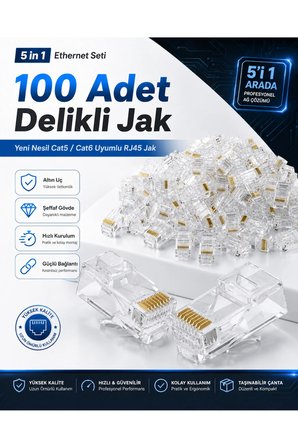 5 in 1 Ethernet Seti Yeni Nesil Cat5 Cat6 Cat7 Cat8 Kablo Konnektör Çakma Pensesi 100 Adet Delikli Jak RJ45 RJ11 Kablo Test Cihazı Krone Bıçağı Soyucu İnternet Ağ Kurulum Tamir Bakım Set Takımı