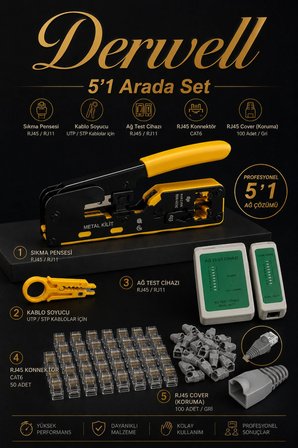 Profesyonel Ethernet Ağ Kurulum Seti RJ45 RJ11 Cat6 Kablo Sıkma Çakma Pensesi 5 in 1 Arada Tester Test Cihazı Kablo Soyucu Aparat 100 Adet Jak Konnektör 100 Adet Koruyucu Gri Cover Kılıfı