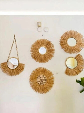 5li Boncuklu Aynalı Rafya Duvar Süsü