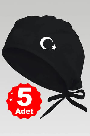 5li Beyaz Ay Yıldız Basklılı Siyah Özel Tasarım Aşçı Ve Şef Bonesi