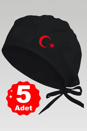 5li Kırmızı Ay Yıldız Basklılı Siyah Özel Tasarım Aşçı Ve Şef Bonesi