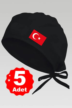 5li Türk Bayrağı Basklılı Siyah Özel Tasarım Aşçı Ve Şef Bonesi