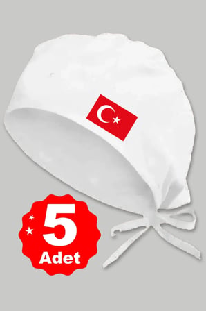 5li Türk Bayrağı Basklılı Beyaz Özel Tasarım Aşçı Ve Şef Bonesi