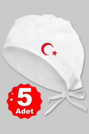5li Kırmızı Ay Yıldız Basklılı Beyaz Özel Tasarım Aşçı Ve Şef Bonesi