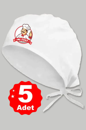 5li Mr. Chef Logo Basklılı Beyaz Özel Tasarım Aşçı Ve Şef Bonesi