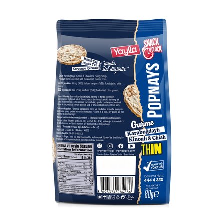 Yayla Popnays Gurme Karabuğday Kinoa ve Chialı İnce Pirinç Patlağı 80 g x5