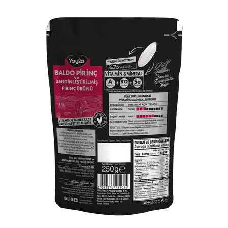 Yayla Baldo Pirinç ve Zenginleştirilmiş Pirinç Ürünü (A+B12+Se) 250 g x6