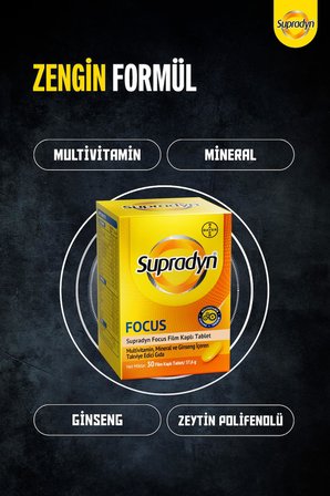 Supradyn Focus 30 Film Kaplı Tablet| Zeytin Polifenolü, Ginseng, Multivitamin ve Mineral İçeren Takviye Edici Gıda