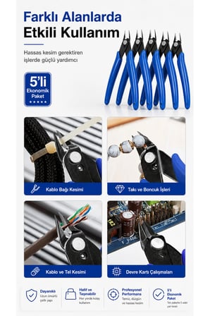 5li Ekonomik Paket Yan Keski Seti - Elektronik Devre Hassas Tel Kesme Pensesi, Model Maket Plastik Kesici Yan Keski, Bakır Tel İletken Kablo Kırpma Makası - Profesyonel El Aletleri Takımı