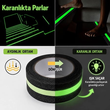 Gece Parlayan 5 Metre Kaydırmaz Bant Fosforlu Merdiven - Yol - Acil Çıkış - Yürüyüş Şerit Bandı
