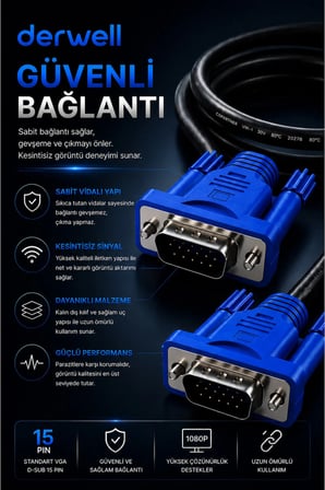 5 Metre VGA Kablo Full HD 1080P Kesintisiz Aktarım D-Sub Erkek To Erkek Altın Uçlu Dayanıklı Monitör Projeksiyon Bilgisayar Ekran Görüntü Aktarıcı Kablosu Çift Vidalı Güvenli Sabitleme