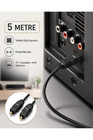 5 METRE Optik Ses Kablosu Toslink Dijital Fiber Ev Sinema Soundbar Uyumlu Siyah Altın Kaplama Uçlu Kristal Netliğinde Parazitsiz Sinyal İletimi Çevresel Surround Akustik Ses Sistemi Bağlantı Kablosu