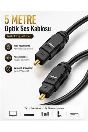 5 METRE Optik Ses Kablosu Toslink Dijital Fiber Ev Sinema Soundbar Uyumlu Siyah Altın Kaplama Uçlu Kristal Netliğinde Parazitsiz Sinyal İletimi Çevresel Surround Akustik Ses Sistemi Bağlantı Kablosu