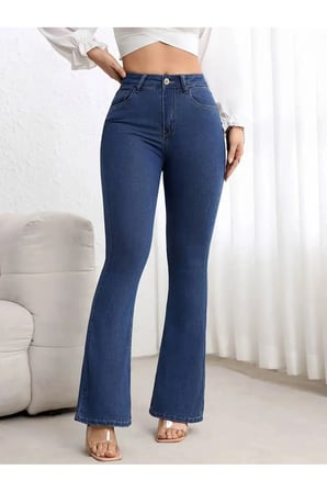 Melody Kadin Lacivert Jeans Flare İ̇Spanyol Paca Yuksek Bel Denim Kot Pantolon