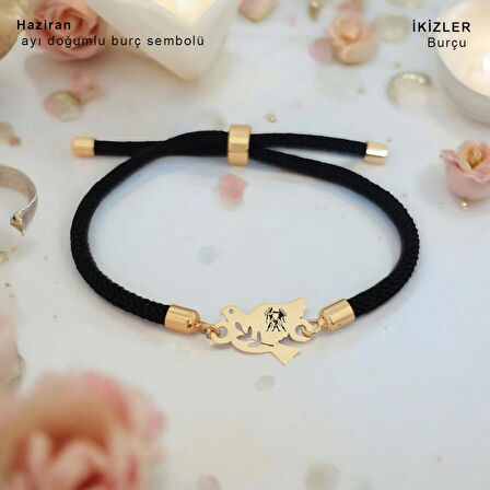 Işıltılı ve Özgür Siyah Örgülü 14 Ayar Altın Plakalı ve Kuş Figürlü Haziran Bilekliği