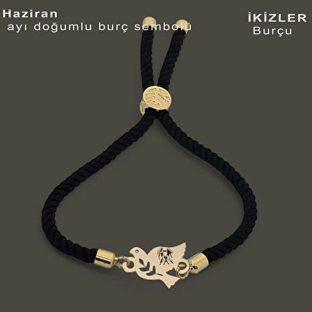 Muazzam Kuş Motifli Siyah Örgülü ve 14 Ayar Altın Plakalı Haziran Bilekliği
