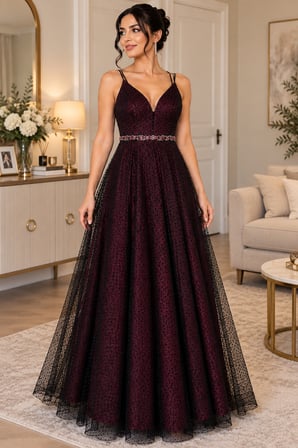 🍷 Bordo Desenli Tül Detaylı Abiye Elbise