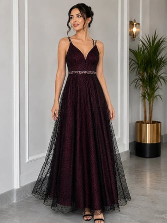 🍷 Bordo Desenli Tül Detaylı Abiye Elbise