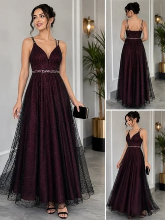 🍷 Bordo Desenli Tül Detaylı Abiye Elbise