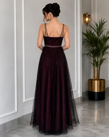 🍷 Bordo Desenli Tül Detaylı Abiye Elbise