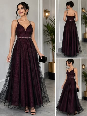🍷 Bordo Desenli Tül Detaylı Abiye Elbise