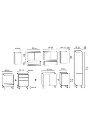 340 cm Ahşap Beyaz Tezgahsız Hazır Mutfak 3Çkm