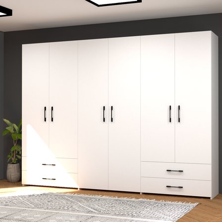 Asil No.4 İki Askılı Dokuz Raflı Dört Çekmeceli Altı Kapaklı Gardırop Beyaz