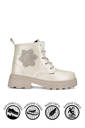 Günlük Çocuk Bot Rugan Çiçekli Taşlı Bağcıklı Fermuarlı Rugan Kalın Tıtrıklı Taban Bootie 600