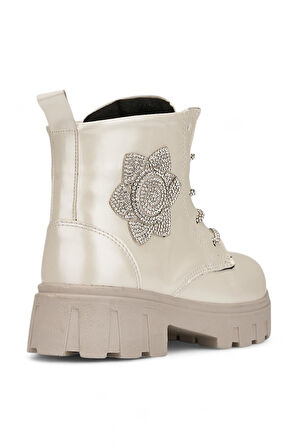 Günlük Çocuk Bot Rugan Çiçekli Taşlı Bağcıklı Fermuarlı Rugan Kalın Tıtrıklı Taban Bootie 600