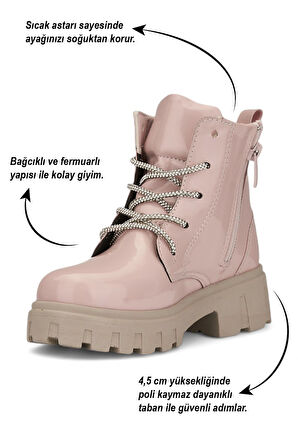 Günlük Çocuk Bot Rugan Çiçekli Taşlı Bağcıklı Fermuarlı Rugan Kalın Tıtrıklı Taban Bootie 600