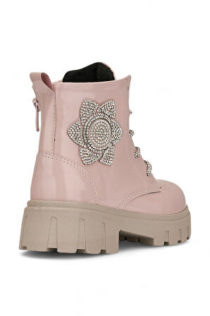 Günlük Çocuk Bot Rugan Çiçekli Taşlı Bağcıklı Fermuarlı Rugan Kalın Tıtrıklı Taban Bootie 600