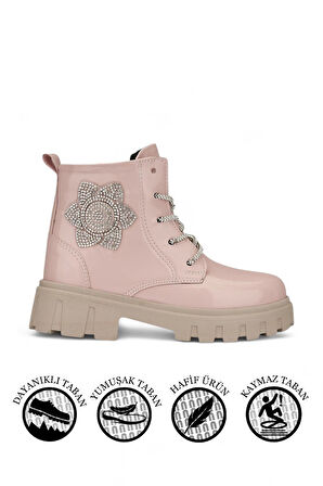 Günlük Çocuk Bot Rugan Çiçekli Taşlı Bağcıklı Fermuarlı Rugan Kalın Tıtrıklı Taban Bootie 600