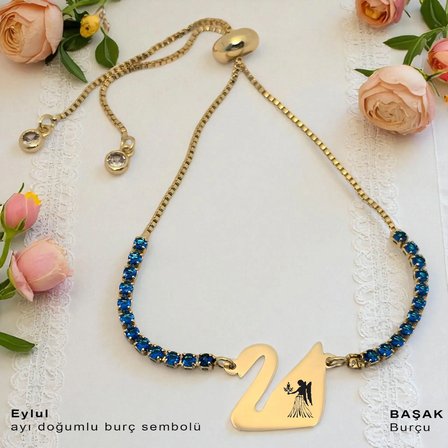 14 Ayar Altın Plakalı Başak Burçlarına Özel Mavi Taş Desenli Kuğu Kuşu Motifli Hediye Bileklik-600