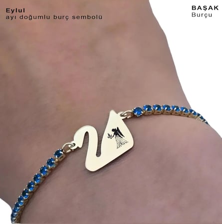 14 Ayar Altın Plakalı Başak Burçlarına Özel Mavi Taş Desenli Kuğu Kuşu Motifli Hediye Bileklik-600