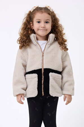 Kız Çocuk Peluş Ekru Siyah Fermuarlı Welsoft Kışlık Mont