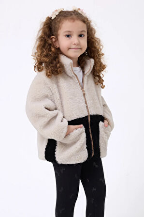 Kız Çocuk Peluş Ekru Siyah Fermuarlı Welsoft Kışlık Mont