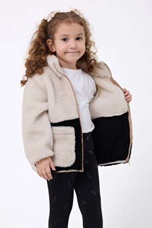 Kız Çocuk Peluş Ekru Siyah Fermuarlı Welsoft Kışlık Mont