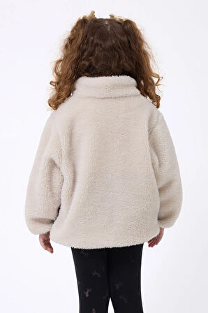 Kız Çocuk Peluş Ekru Siyah Fermuarlı Welsoft Kışlık Mont