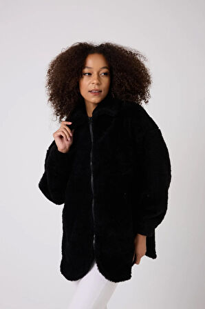 Kadın Siyah Peluş Rüzgar Geçirmez Welsoft Çift Kışlık Mont Kaban