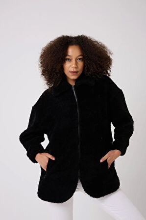 Kadın Siyah Peluş Rüzgar Geçirmez Welsoft Çift Kışlık Mont Kaban