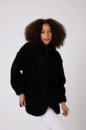 Kadın Siyah Peluş Rüzgar Geçirmez Welsoft Çift Kışlık Mont Kaban