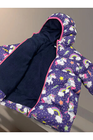Kız Çocuk Polarlı Kapüşonlu Unıcorn Desenli Kışlık Şişme Mont & Kaban & Parka