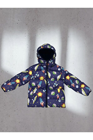 Erkek Çocuk Polarlı Kapüşonlu Ufo Desenli Kışlık Şişme Mont & Kaban & Parka