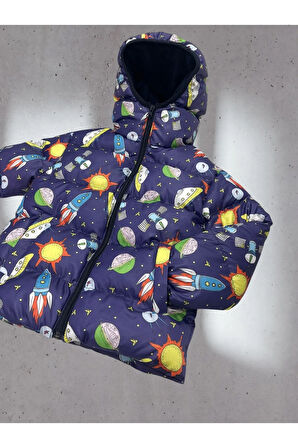 Erkek Çocuk Polarlı Kapüşonlu Ufo Desenli Kışlık Şişme Mont & Kaban & Parka