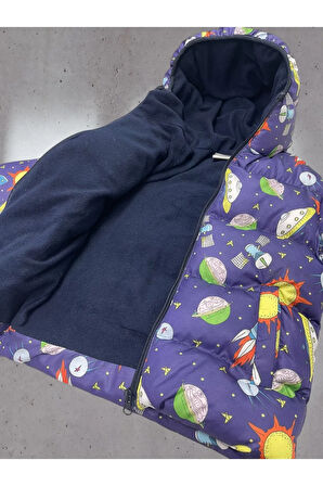 Erkek Çocuk Polarlı Kapüşonlu Ufo Desenli Kışlık Şişme Mont & Kaban & Parka