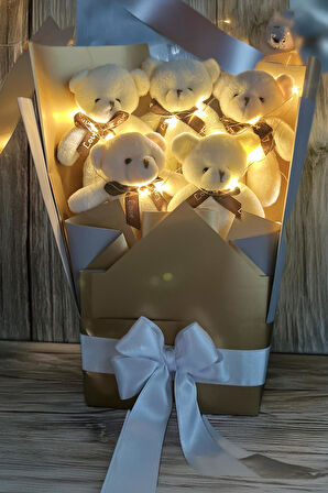 Sole Sevgiliye Özel Peri LED Işıklı Dore-Gümüş Konsept Romantik Peluş Ayıcık Buketi