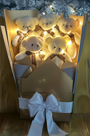Sole Sevgiliye Özel Peri LED Işıklı Dore-Gümüş Konsept Romantik Peluş Ayıcık Buketi
