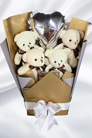 Sole Sevgiliye Özel Dore-Gümüş Konsept Balonlu Romantik Peluş Ayıcık Buketi